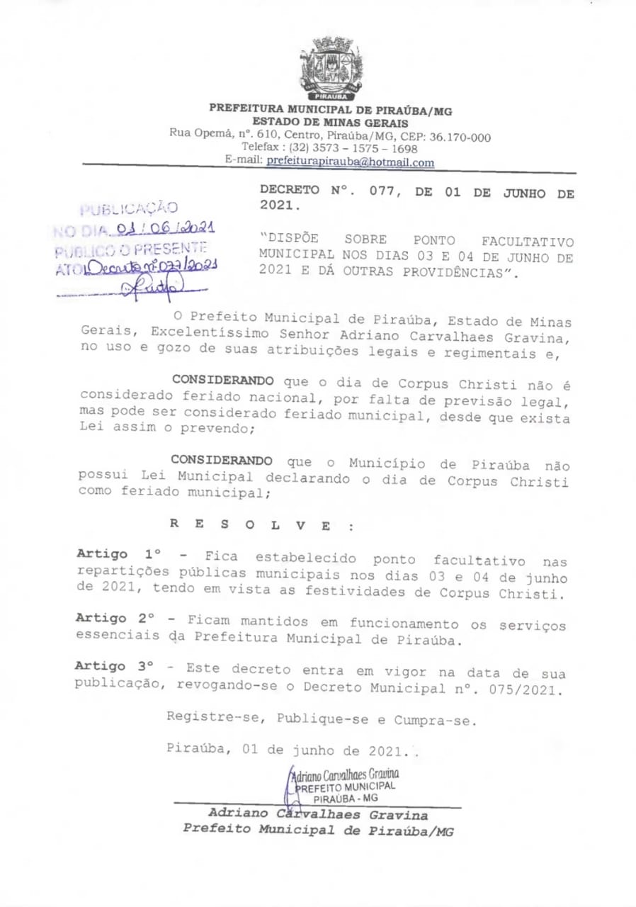 PONTO FACULTATIVO MUNICIPAL NOS DIAS 03 E 04 DE JUNHO DE 2021 
