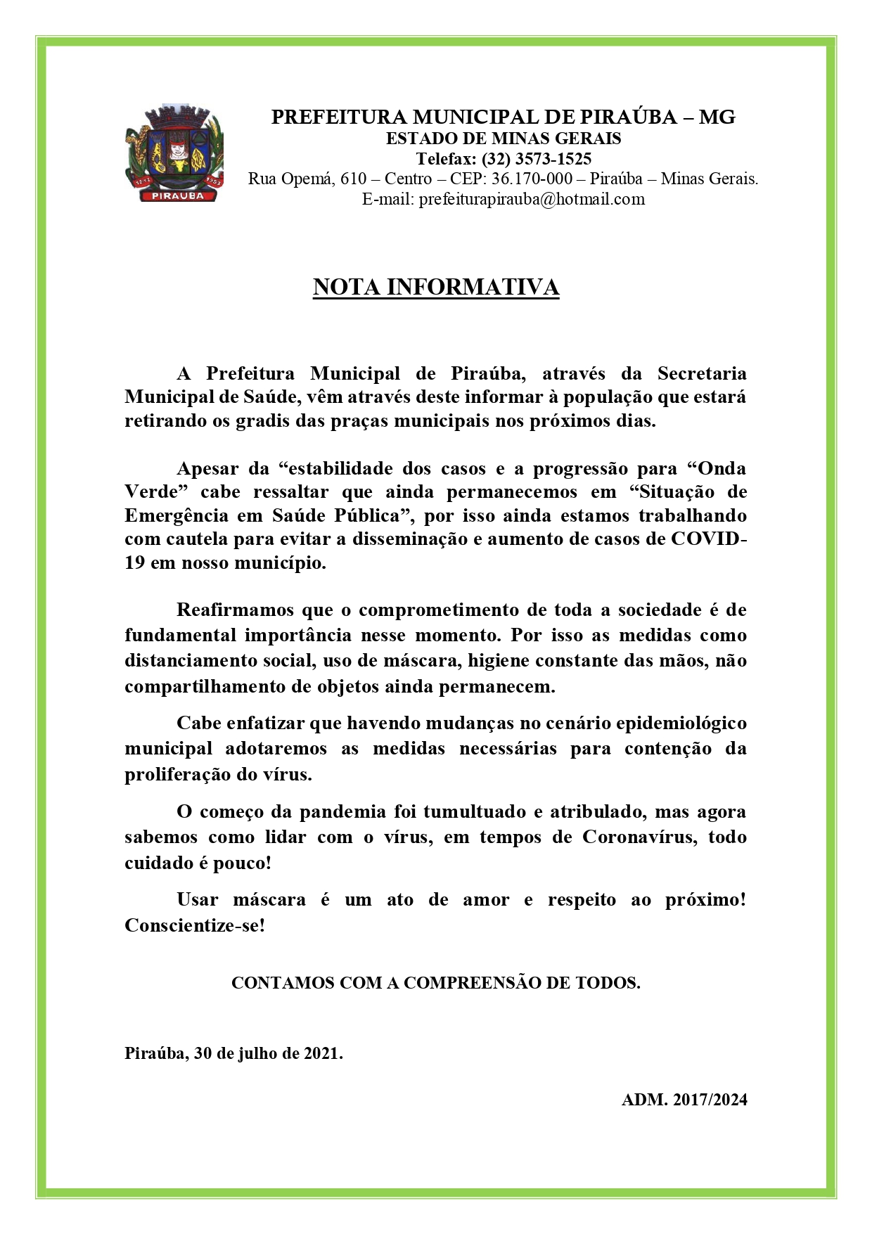 NOTA INFORMATIVA - PREFEITURA MUNICIPAL DE PIRAÚBA - 30/07/2021