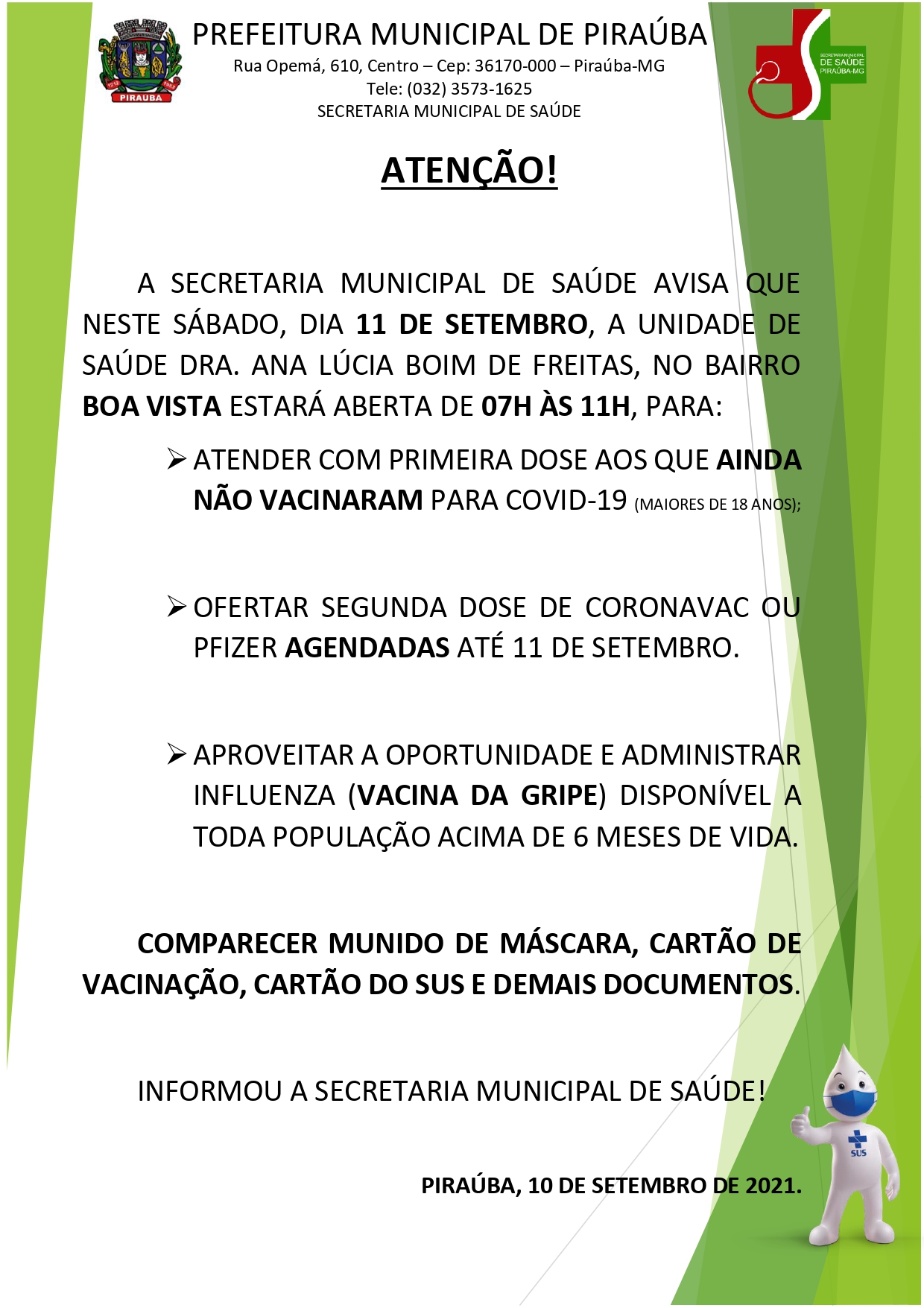 INFORMAÇÃO VACINA COVID-19 E INFLUENZA NO SÁBADO (11/09/2021)- SMS PIRAÚBA