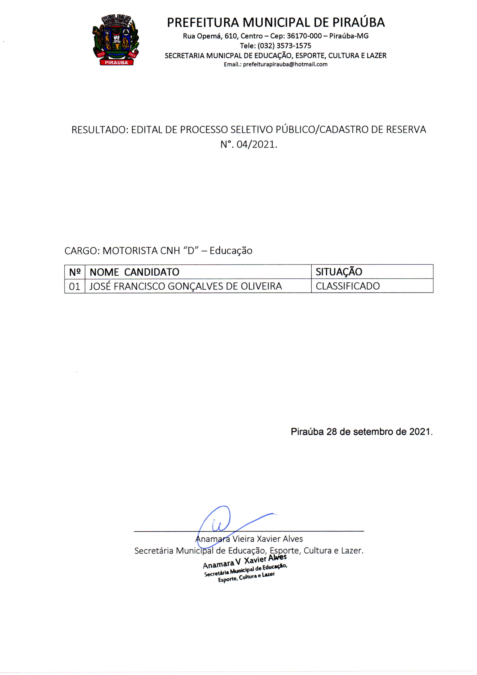 Resultado Processo Seletivo Público/Cadastro de Reserva nº04/2021