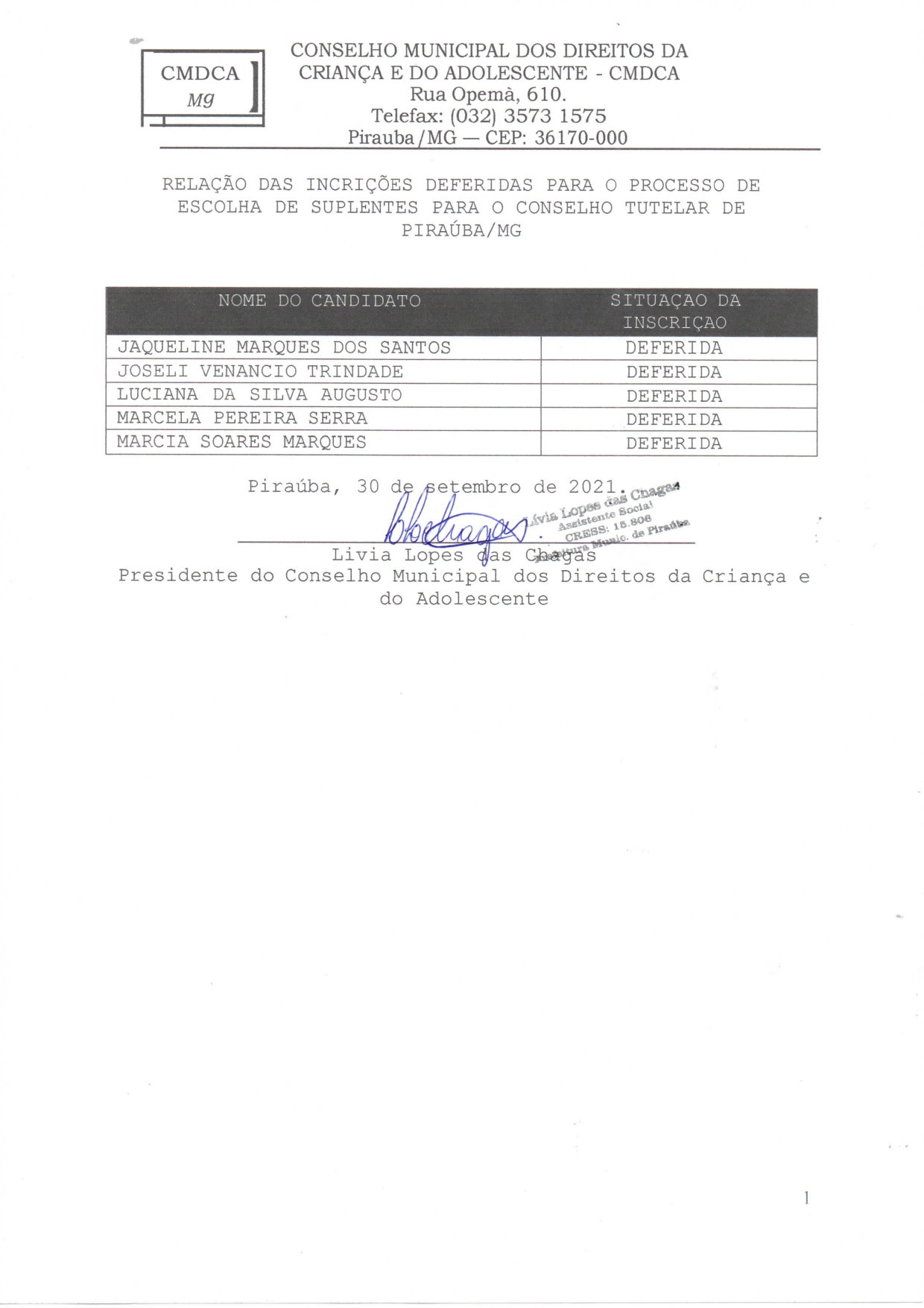 RELAÇÃO DAS INCRIÇÕES DEFERIDAS PARA O PROCESSO DE ESCOLHA DE SUPLENTES PARA O CONSELHO TUTELAR DE PIRAÚBA/MG