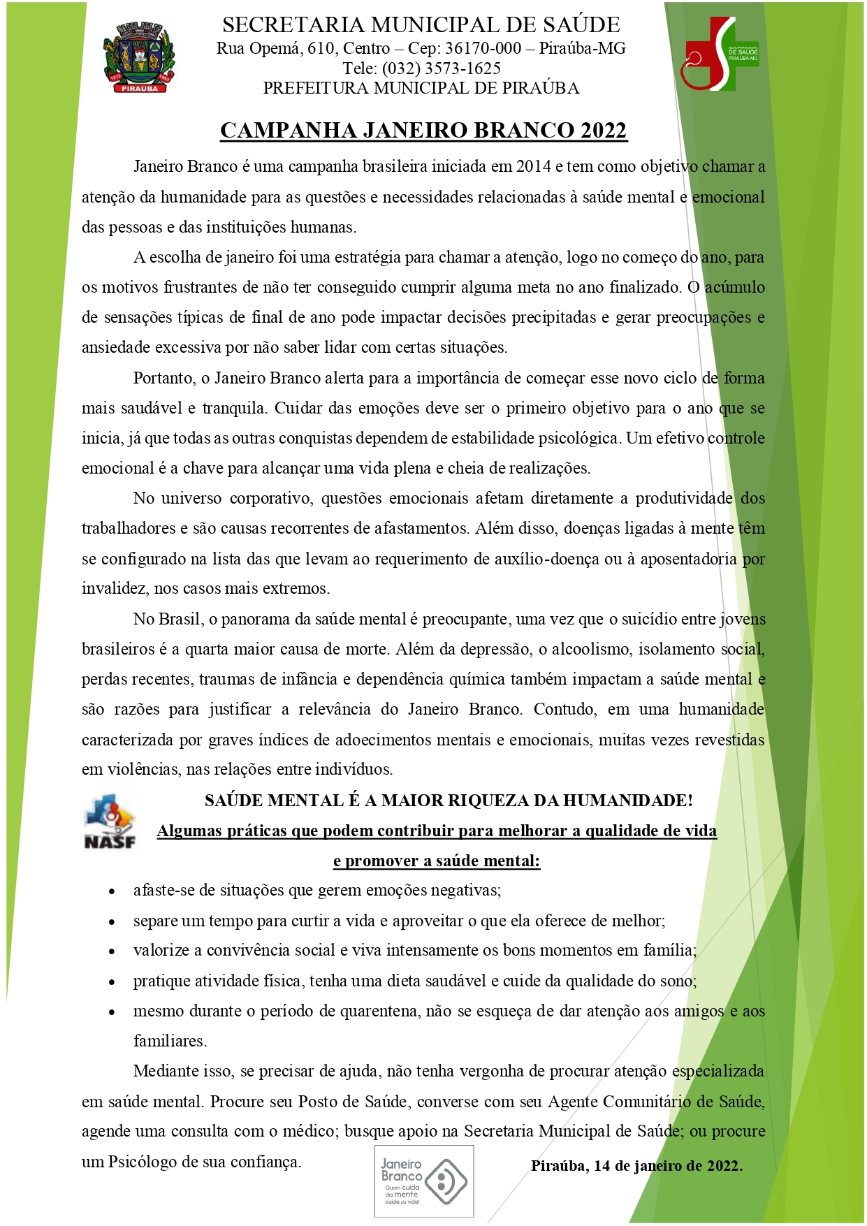 CAMPANHA JANEIRO BRANCO 2022 | SECRETARIA MUNICIPAL DE SAÚDE | PIRAÚBA | MG