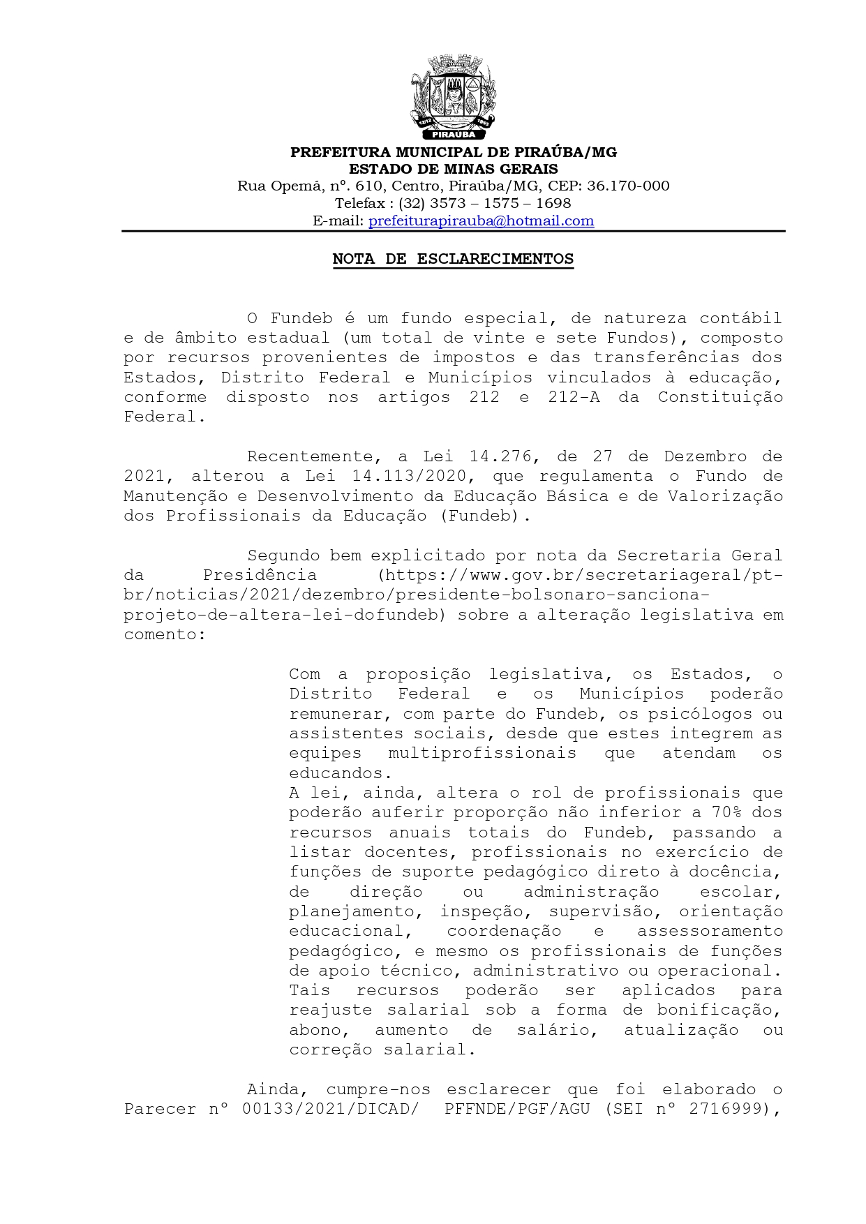 NOTA DE ESCLARECIMENTO FUNDEB