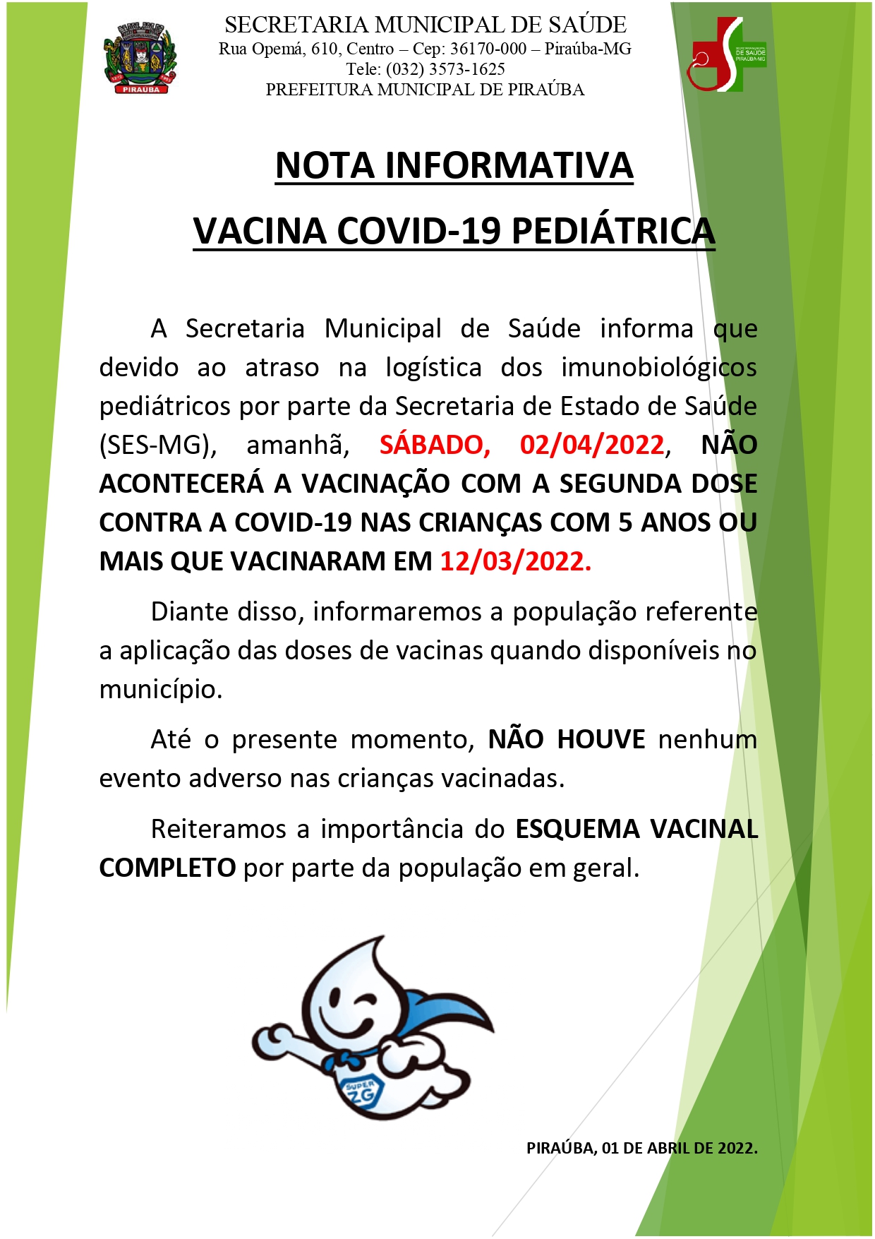 NOTA INFORMATIVA | VACINA COVID-19 PEDIÁTRICA | SMS PIRAÚBA