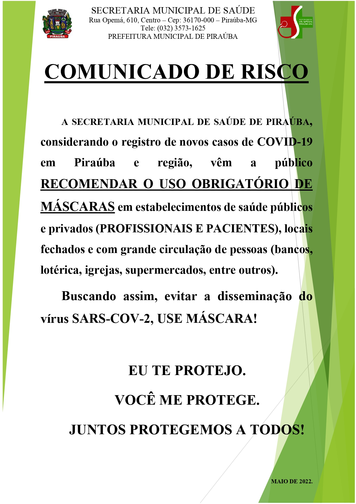 COMUNICADO DE RISCO | COVID-19 | SECRETARIA MUNICIPAL DE SAÚDE DE PIRAÚBA