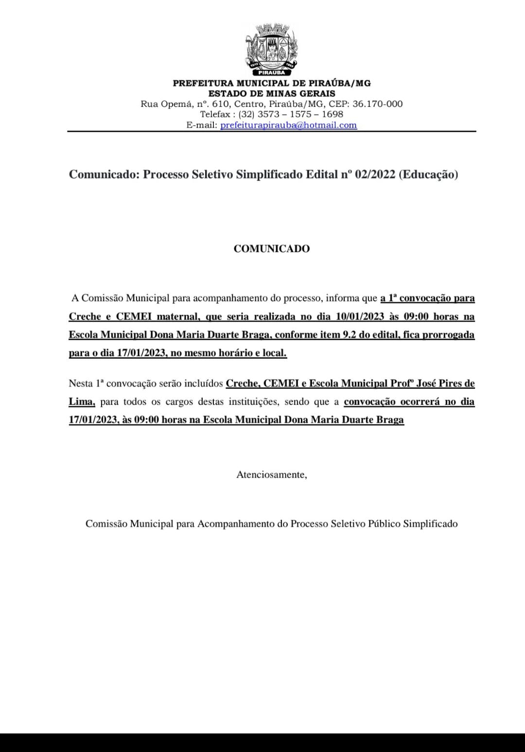 COMUNICADO PROCESSO SELETIVO SIMPLIFICADO Nº 02/2022 (EDUCAÇÃO)