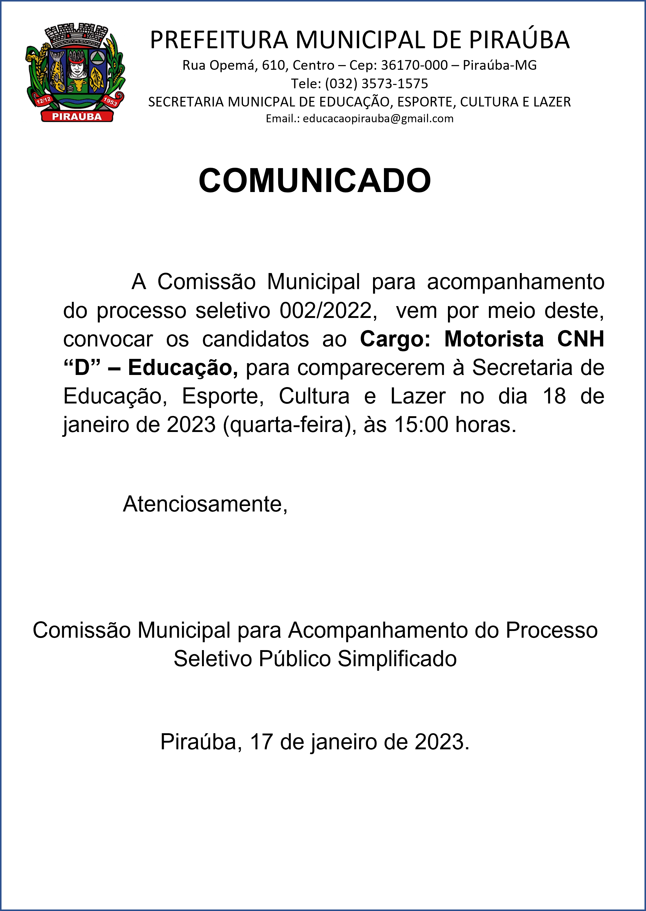 Comunicado Secretaria Municipal de Educação - Processo Seletivo 002/2022