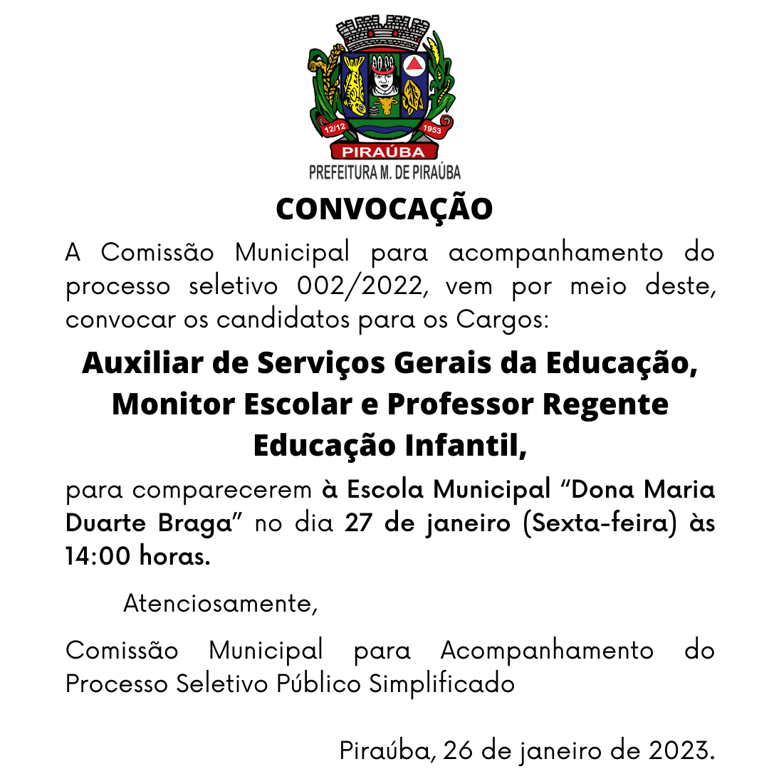 CONVOCAÇÃO - PROCESSO SELETIVO 002/2022 - EDUCAÇÃO