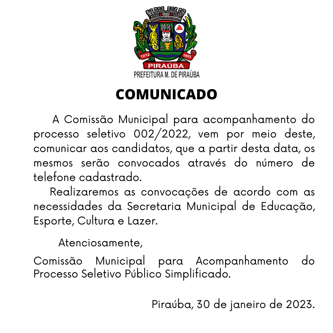 Comunicado Processo Seletivo 002/2022 - Educação