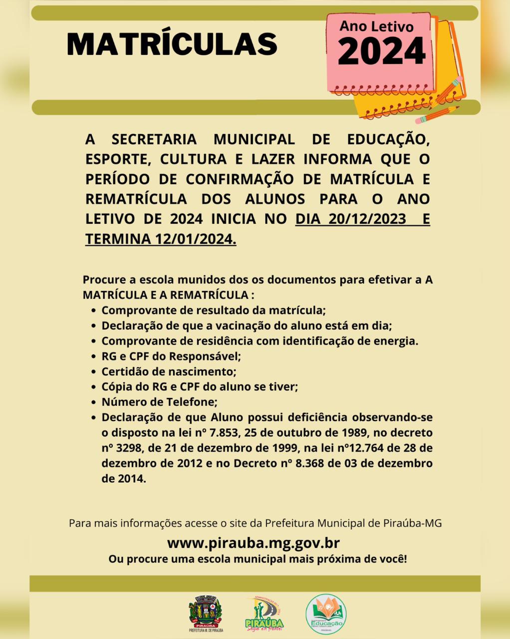 INÍCIO DO PERÍODO DE MATRÍCULA